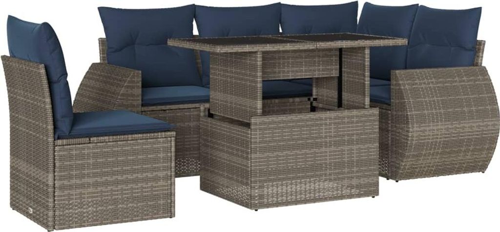 6-teiliges Gartensofa-Set mit Kissen, grau, Polyrattan