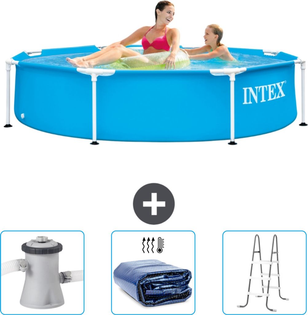 Intex-Schwimmbecken mit rundem Rahmen – 244 x 51 cm – Blau – im Lieferumfang enthalten Filterpumpe für Schwimmbad - Sonnensegel - Leiter