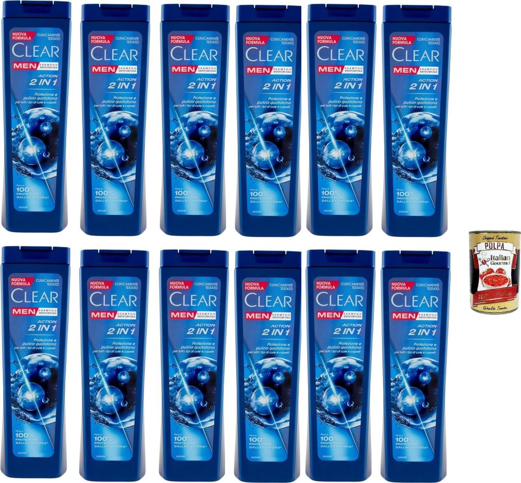 Clear ACTION 2IN1 Men Shampoo für alle Haar- und Kopfhaut Typen - Schuppen-Shampoo 12x 225ml + Italian Gourmet polpa 400g