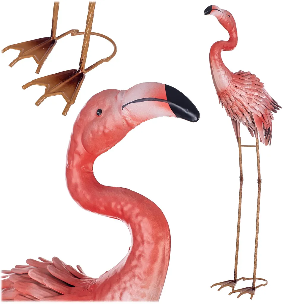 Déco Bassin Flamant Rose 76 cm Statue Métal pour Aménagement Jardin Zen