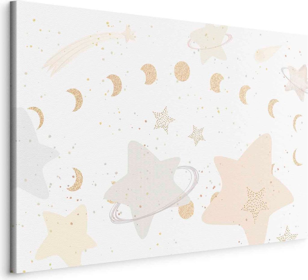 Vlies Leinwandbild - Fairy-Tale Galaxy - Phases of the Moon in Yellow Tones Among Stars in Beige and Ash Colors with Stardust 60x40 cm Für Kinder ...