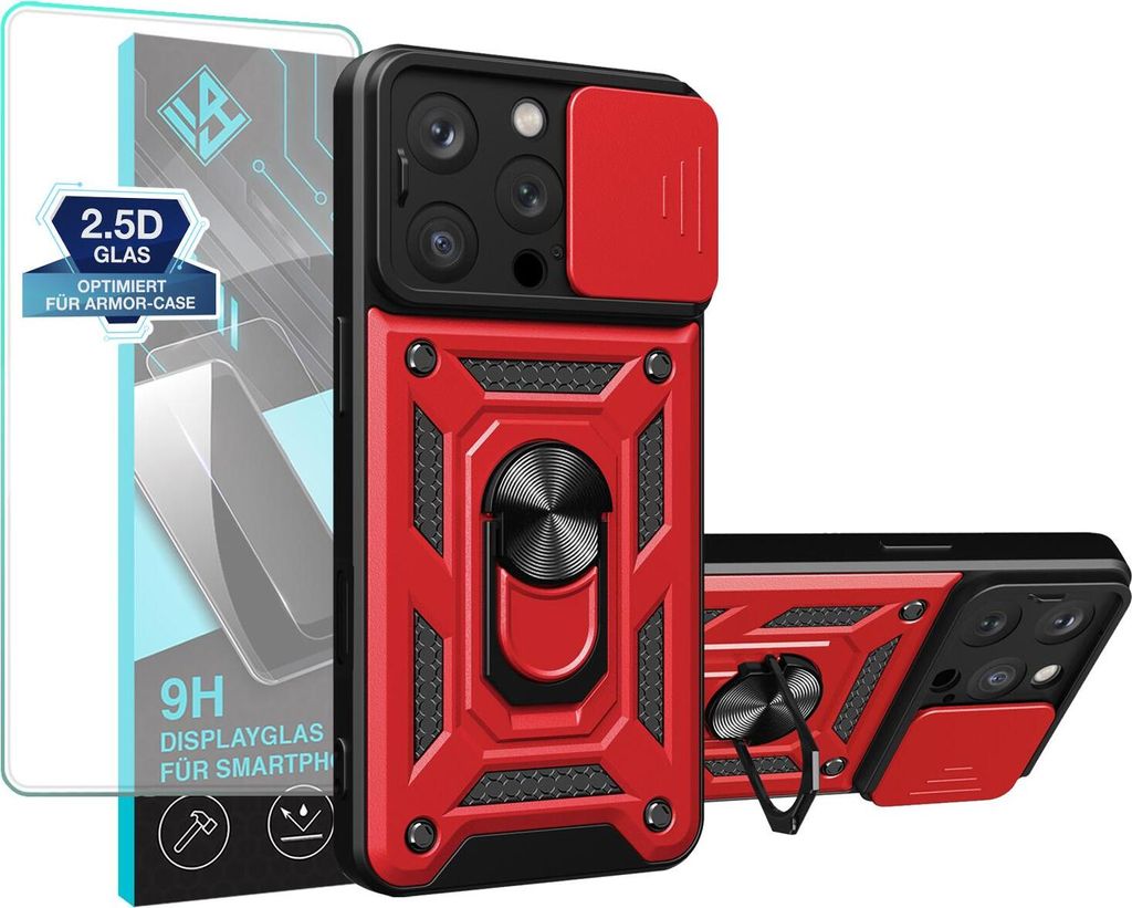 Armor Handyhülle für Apple iPhone 14 Pro mit 9H Displayglas Displayschutz Kameraschutz Handy Panzer Case Cover Schutzhülle Outdoor Farbe: Rot