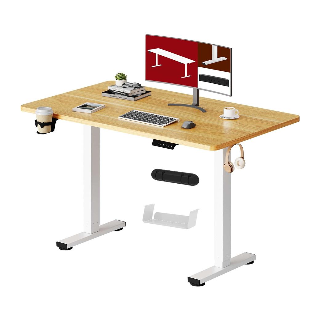 A wooden standing desk with a computer monitor, keyboard, mouse, and accessories.