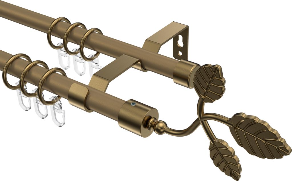 Interdeco Gardinenstange / Vorhangstange Gold matt / Messing Antik, Typ Olymp Alessia (Blatt), 16 mm Ø 2-läufig, 520 cm