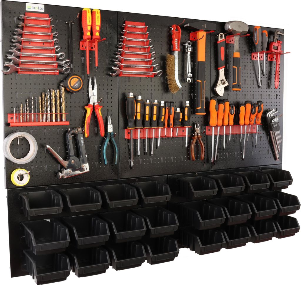 botle Werkzeugwand Lochwand aus Metall, Stapelboxen + Wandregal + Werkzeughalter 51-tlg Set, Kleinteilelager, Wandwerkstatt mit 24 stapelbaren Sc...