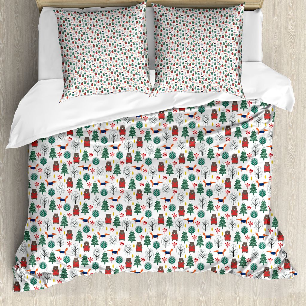 ABAKUHAUS Karikatur Bettbezug Set für Einzelbetten, Fuchs und Bär Wald, Milbensicher Allergiker geeignet mit Kissenbezug, 155 cm x 220 cm - 80 x ...