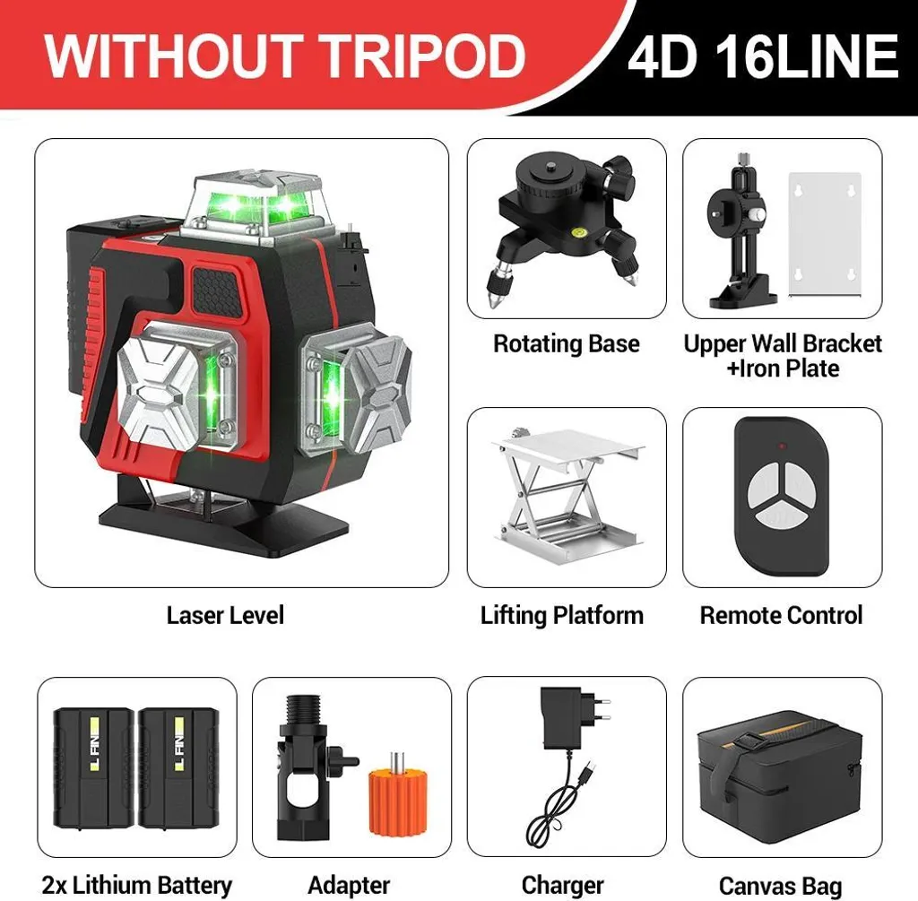 Niveau laser 360 automatique 16 lignes 4D rouge avec housse de transport