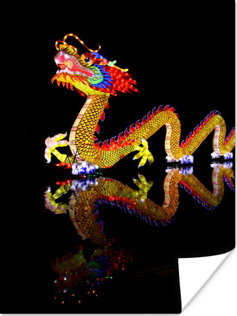 MuchoWow Poster Leuchtender chinesischer Drache mit Spiegelung 90x120 cm - Wohnzimmer