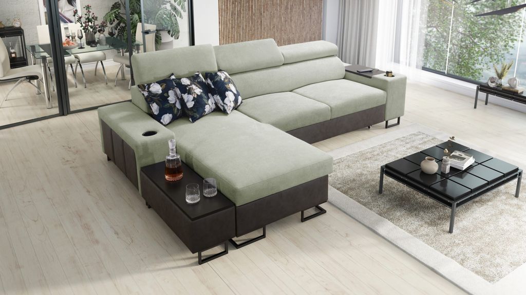 Kaiser Möbel s, modernes Ecksofa MELODY I MINI mit Usb Tauro/Freya Graphit/Hellgrün Links