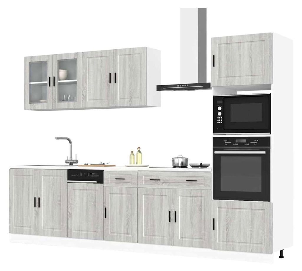 7-teilige Küchenzeile Kalmar Grau Sonoma - Holzwerkstoff & Glas - Einbauküche mit viel Stauraum