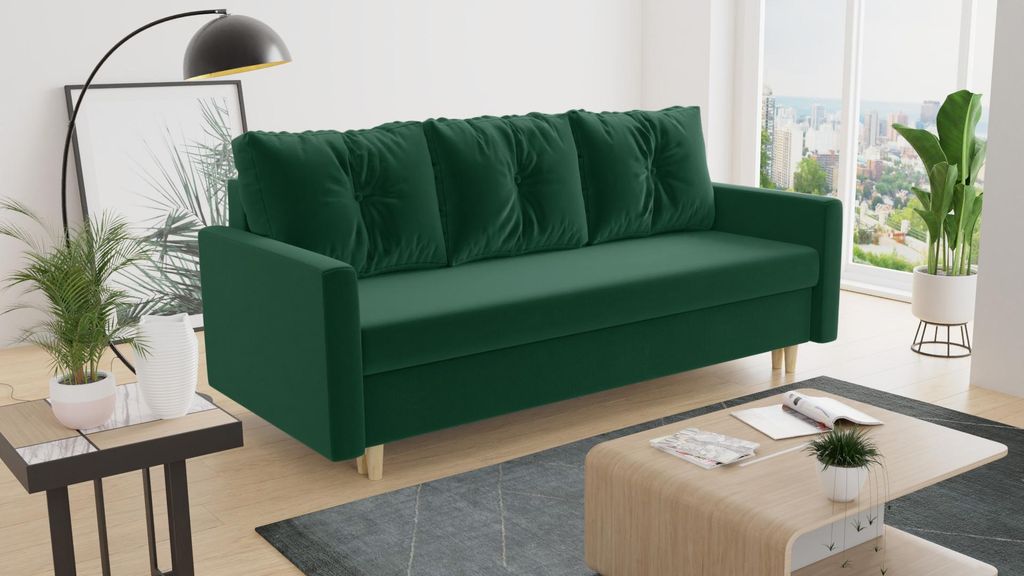 Schlafsofa Rico - Sofa mit Bettkasten, Couch mit Schlaffunktion, Bettfunktion, Bettsofa mit Bonell-Ferderkern, Velours (Grün (Kronos 19))