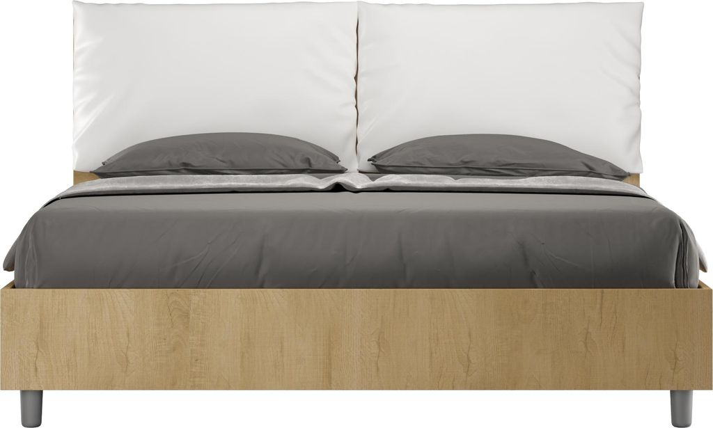 ITYHOME - Bett ohne Lattenrost 160x200 Eiche Natur Kopfteilkissen mit Kunstlederbezug Weiß Egos Antea