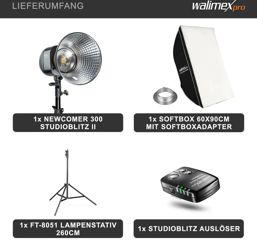 Flash Studio Walimex Newcomer 300 II Set Single avec Softbox et Pied - 12