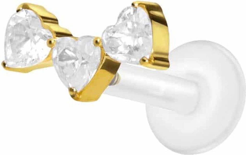 Ohrpiercing, Nasenpiercing PTFE Labret mit Innengewinde + Titan-Aufsatz 3 KRISTALLHERZEN Gold Stablänge: 6mm | Stabstärke: 1,2mm