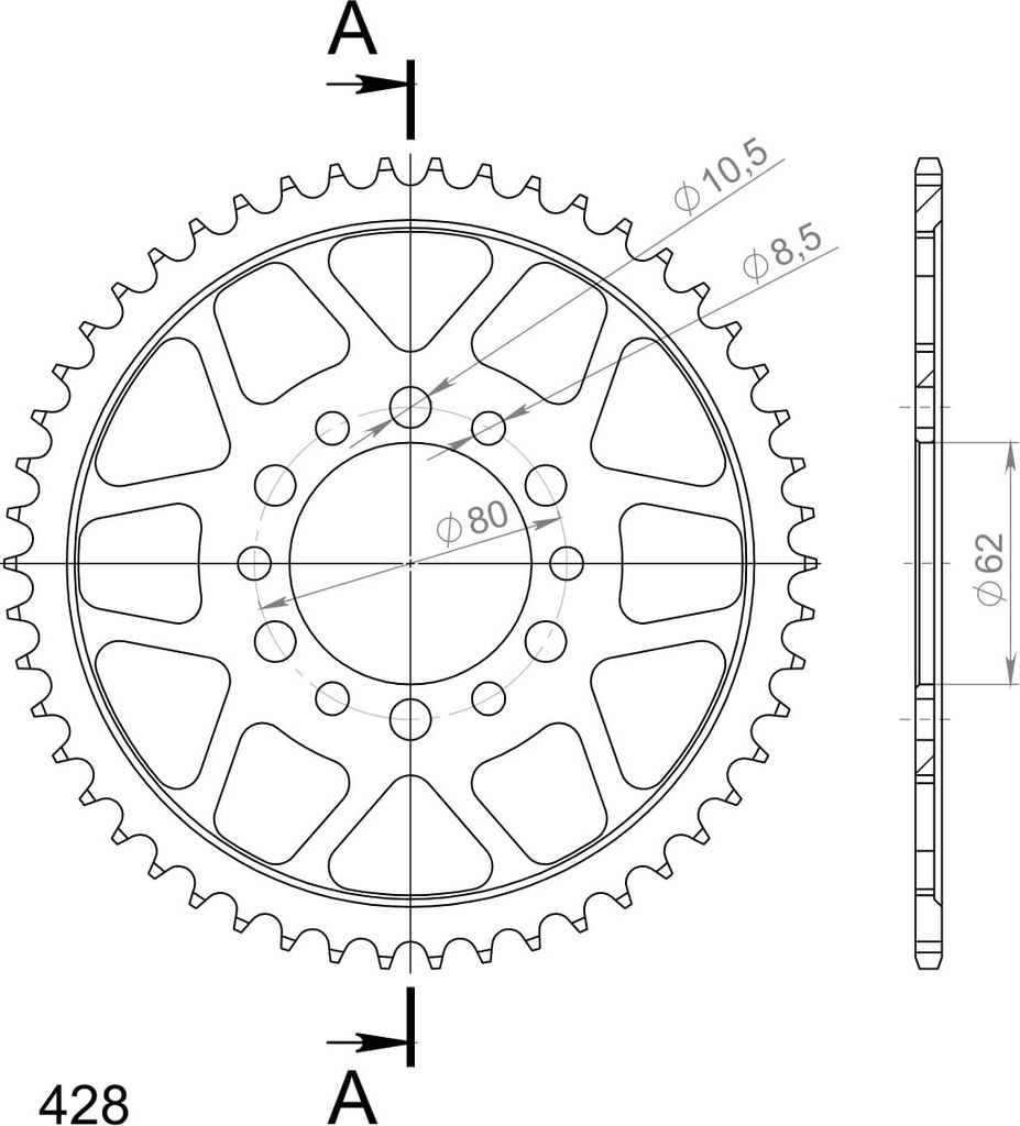 Supersprox Kettenrad 428 LK 80,0mm Ø 62mm 50Z 6-Loch Stahl schwarz kompatibel mit
