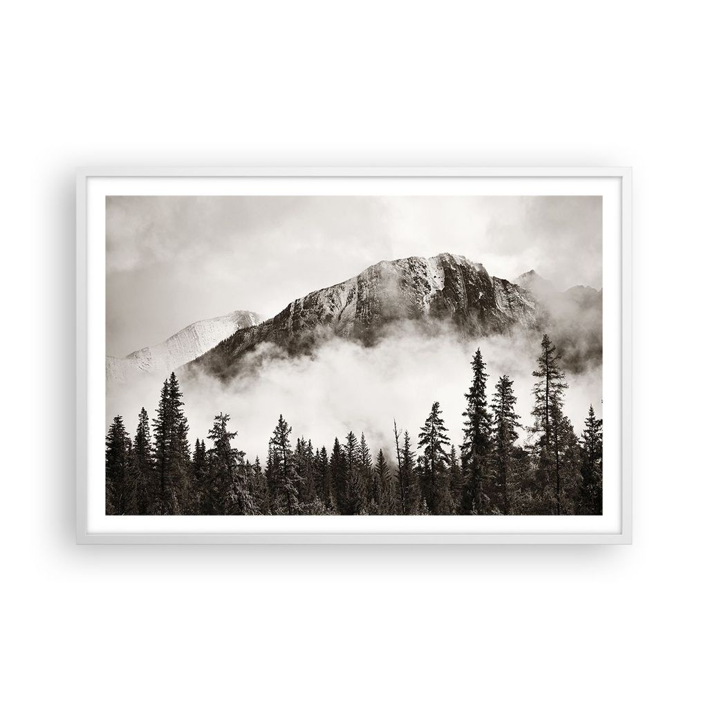 Gerahmtes Poster - Weißer Rahmen - Nebel Berg Wald - 91,5x61 cm - Wand Bild - Wanddeko - Wandbilder - Kunstposter - Wandposter - Bilderrahmen - Bi...