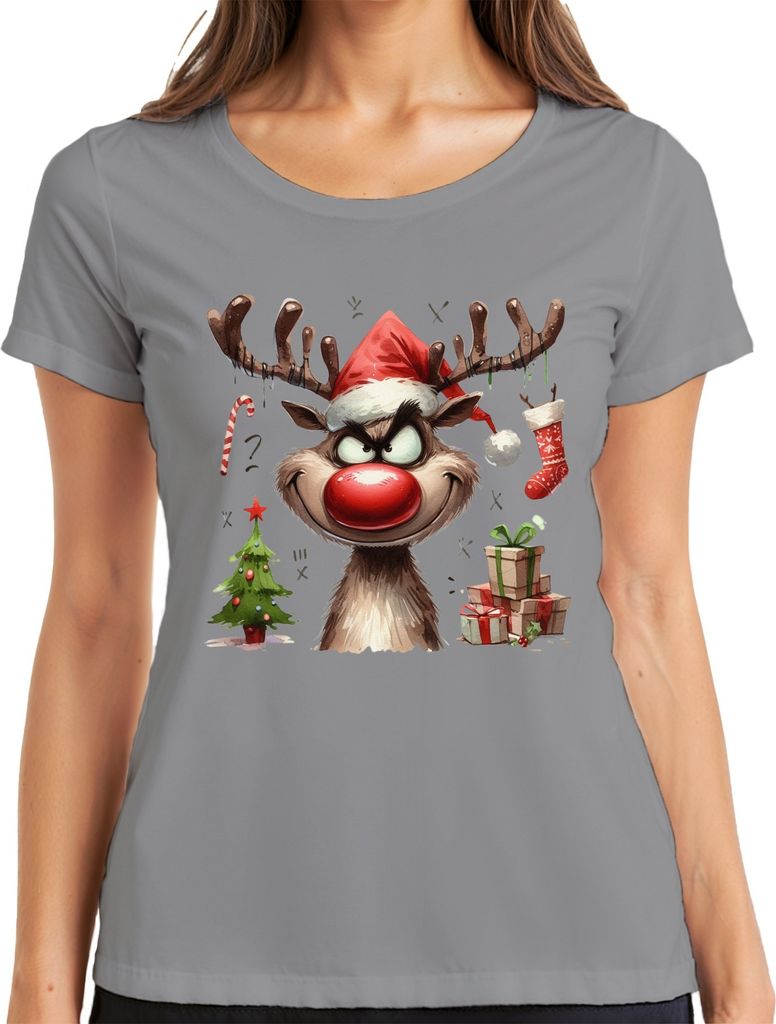 Rentier Reh Elch Rote Nase Rudolf - Weihnachten Xmas Christmas Damen T-Shirt, Grau, M