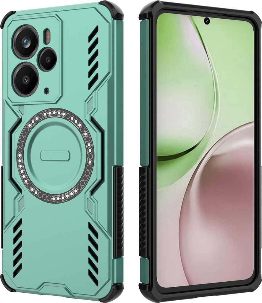 Magnetisch Hülle für Realme 14, Hybrid PC TPU Bumper Stoßfestes Loch Wärmeableitung Handyhülle Grün