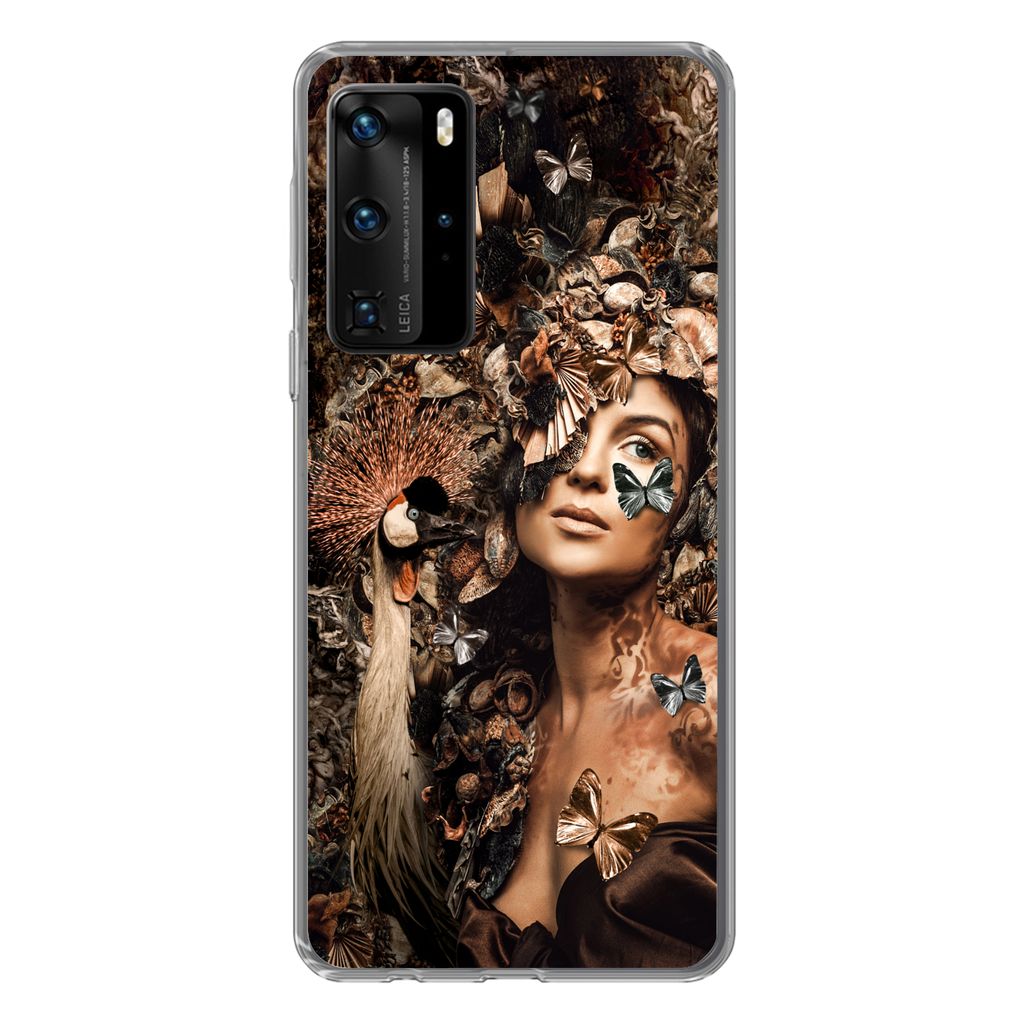 MuchoWow Handyhülle Schutzhülle Hülle für Huawei P40 Pro Luxus - Frau - Tiere - Schmetterlinge - Vögel Silikon Softcase Handy Hülle - Schutz