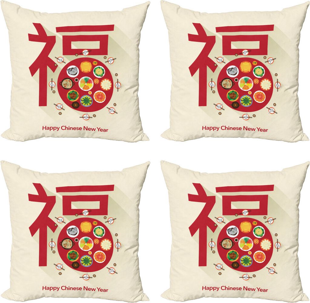 ABAKUHAUS Chinesisches Neujahr Kissenbezug Set (4 Stück), Abendessen, Moderner Doppelseitiger Digitaldruck, 50 cm x 50 cm, Mehrfarbig