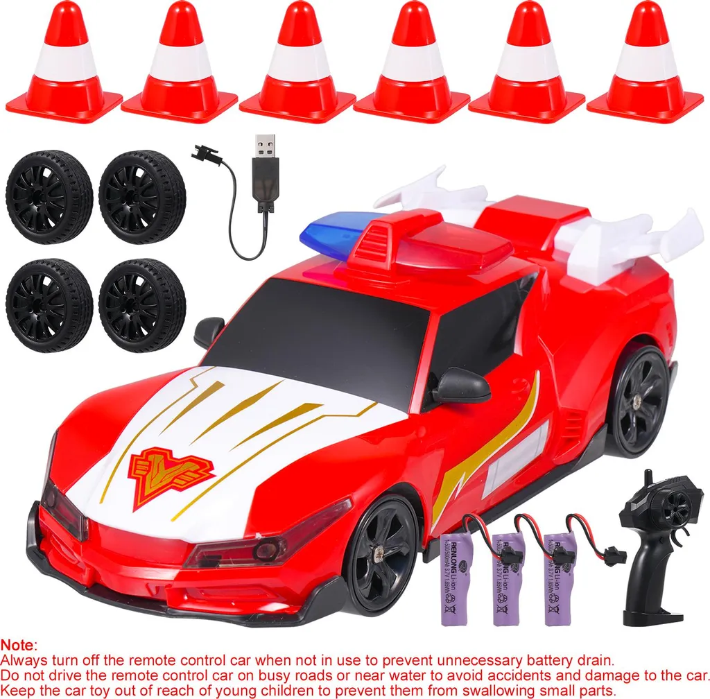Voiture de Police Télécommandée pour Enfants 4WD Drift, 3 Batteries + LED