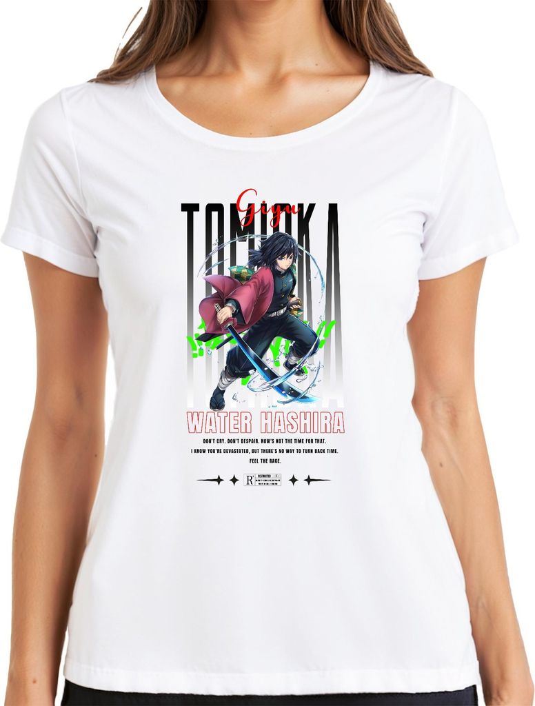 Giyu Tomioka Demon Slayer Water Hashira Katana Anime Cosplay Damen T-Shirt, Weiß, 3XL
