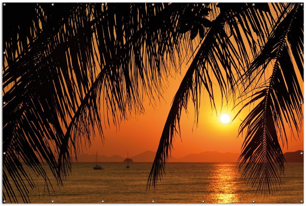Wallario XXL Outdoor-Poster für Garten oder Balkon, Motiv Sonnenuntergang unter Palmenblättern, in ca. 300 x 200 cm