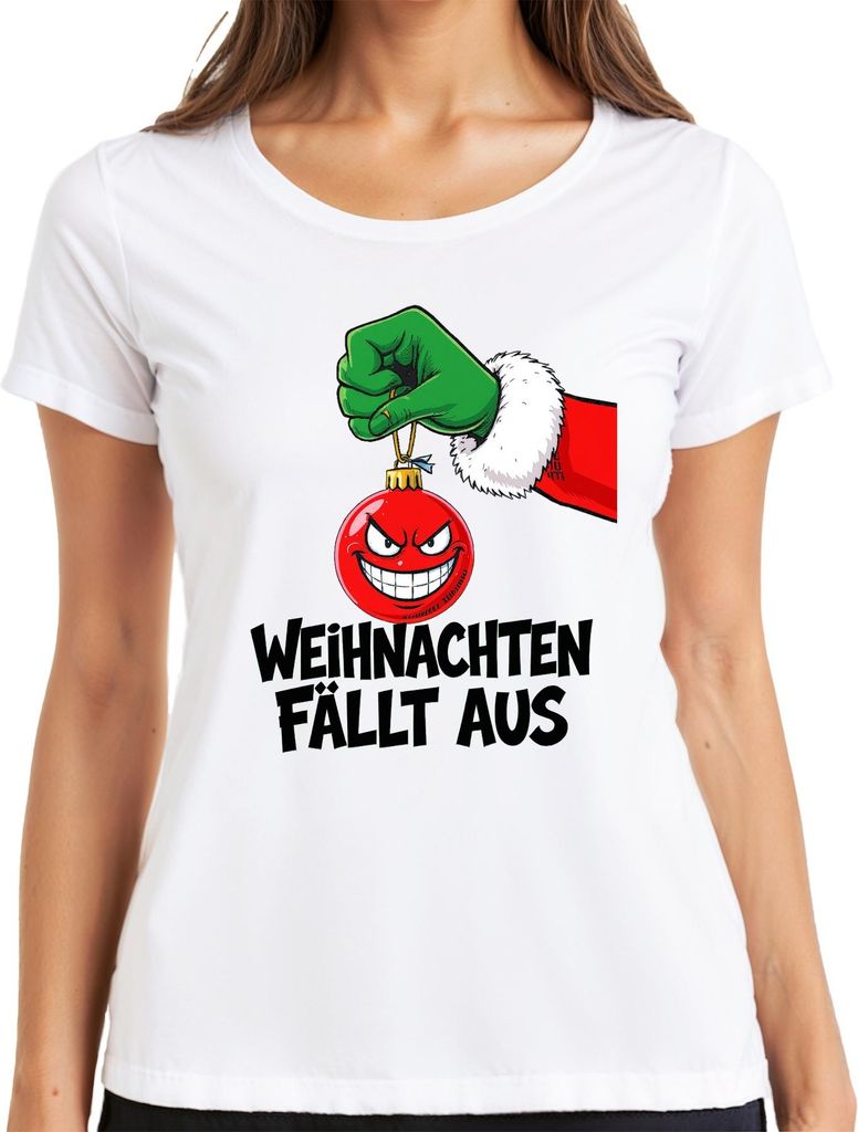 Weihnachten fällt aus böse Weihnachtskugel grüne Hand sarkastisch Damen T-Shirt, Weiß, S