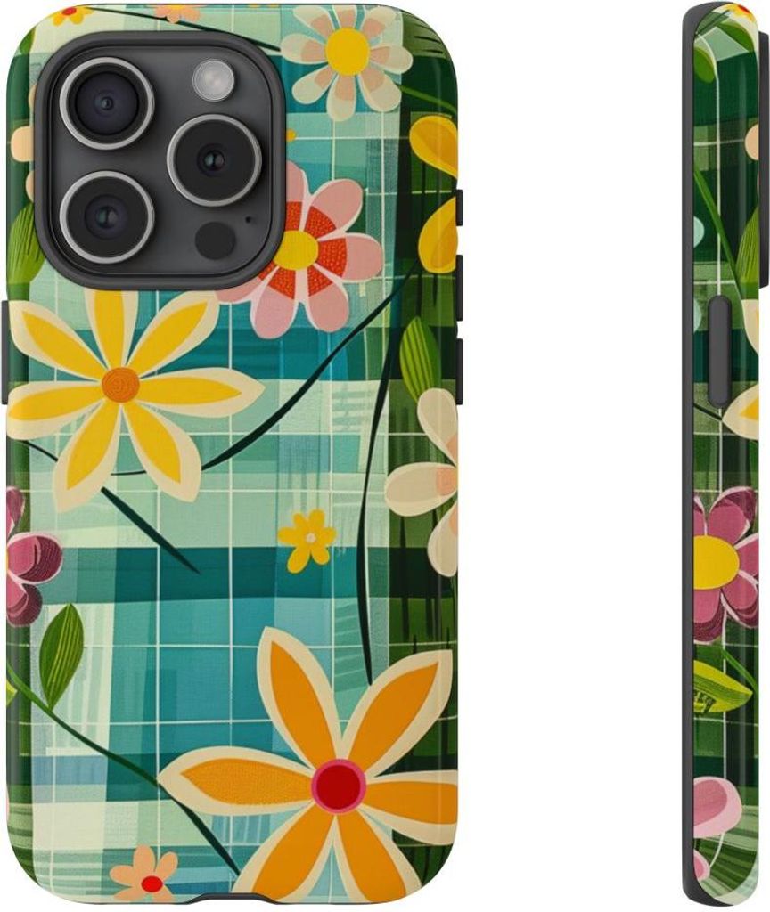 Buntes Retro-Blumenmuster auf blauem Hintergrund – Hülle Kompatibel mit iPhone 15 Pro