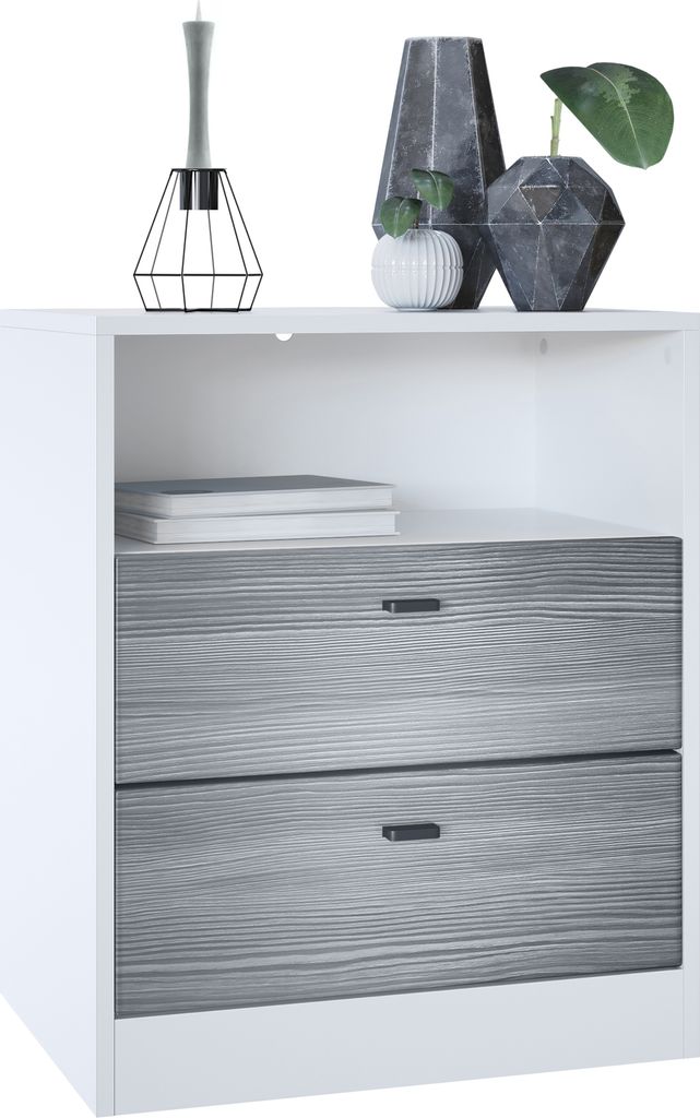 Vladon Kommode Pino V1, Germany, Nachttisch mit 2 Schubladen & 1 offenem Fach, Weiß matt/Avola-Anthrazit ohne LED (56 x 67,5 x 36 cm)
