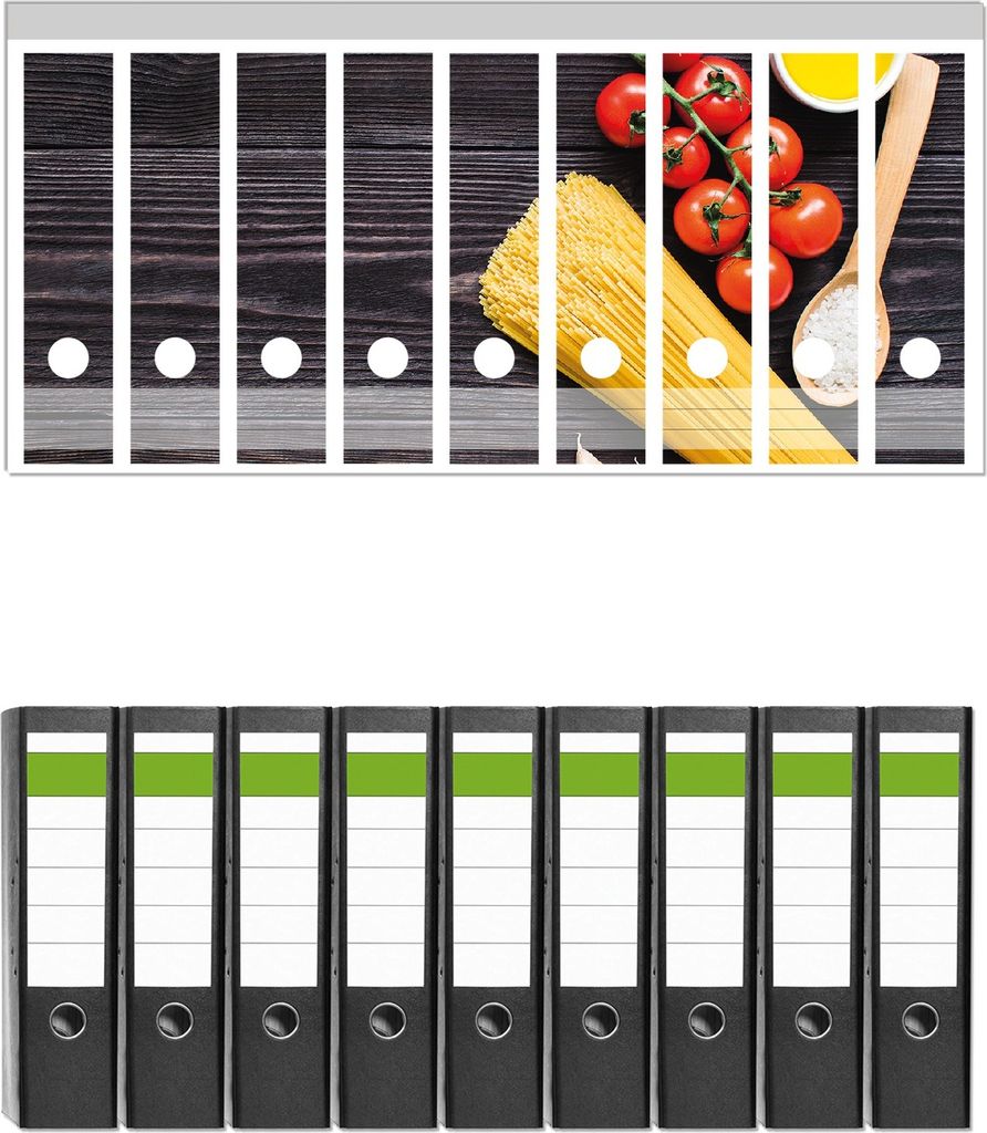 Wallario 9 Stück breite Ordner inkl. Klebeetiketten mit Motive Italienisches Menü mit Spaghetti, Tomaten, Salz und Chilischoten - Set mit Rücken...