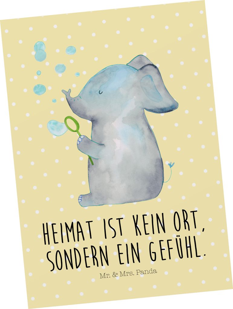 Mr. & Mrs. Panda Postkarte Elefant Seifenblasen - Gelb Pastell - Geschenk, Liebe, Lustige Sprüche, Postkarten, bildkarte, Liebesspruch, Ansichtska...