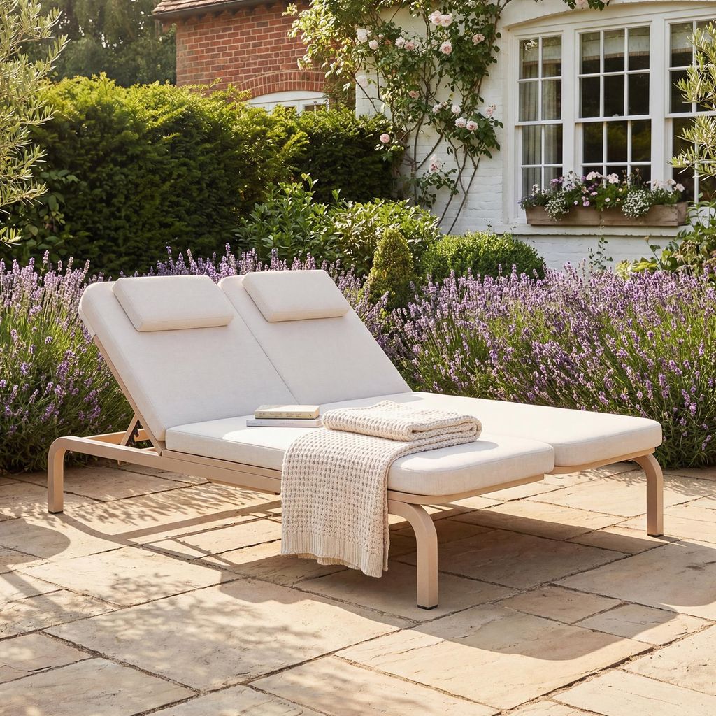 MODFU Gartenliege Outdoor-Liegebett mit Kopfstütze und Ausziehtisch Sonnenliege Outdoor-2-Sitzer mit verstellbare Rückenlehne Geeignet für Garte...