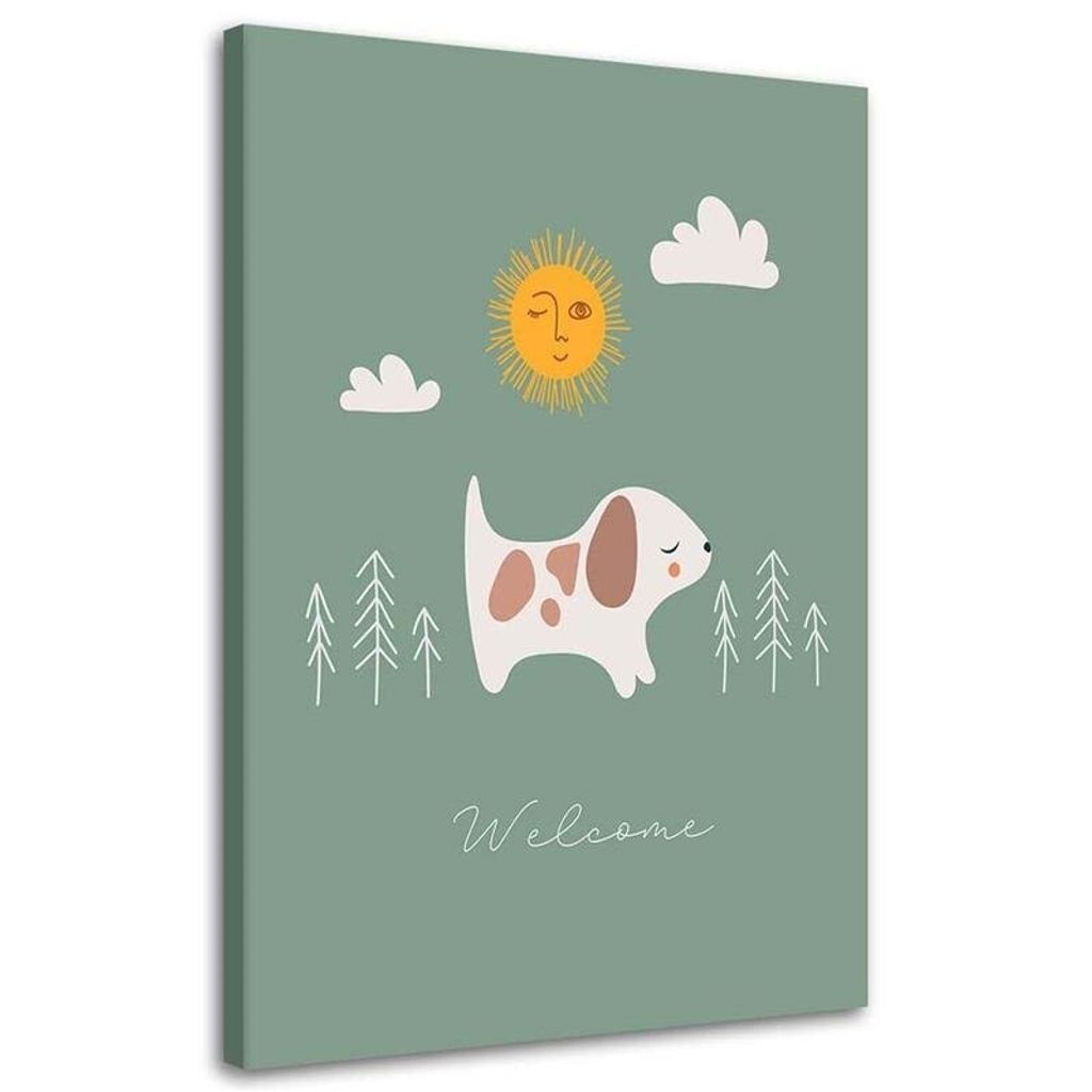 Leinwandbild spaziergang mit einem hund 40x60 cm Feeby blau wandbild bereit zum aufhängen