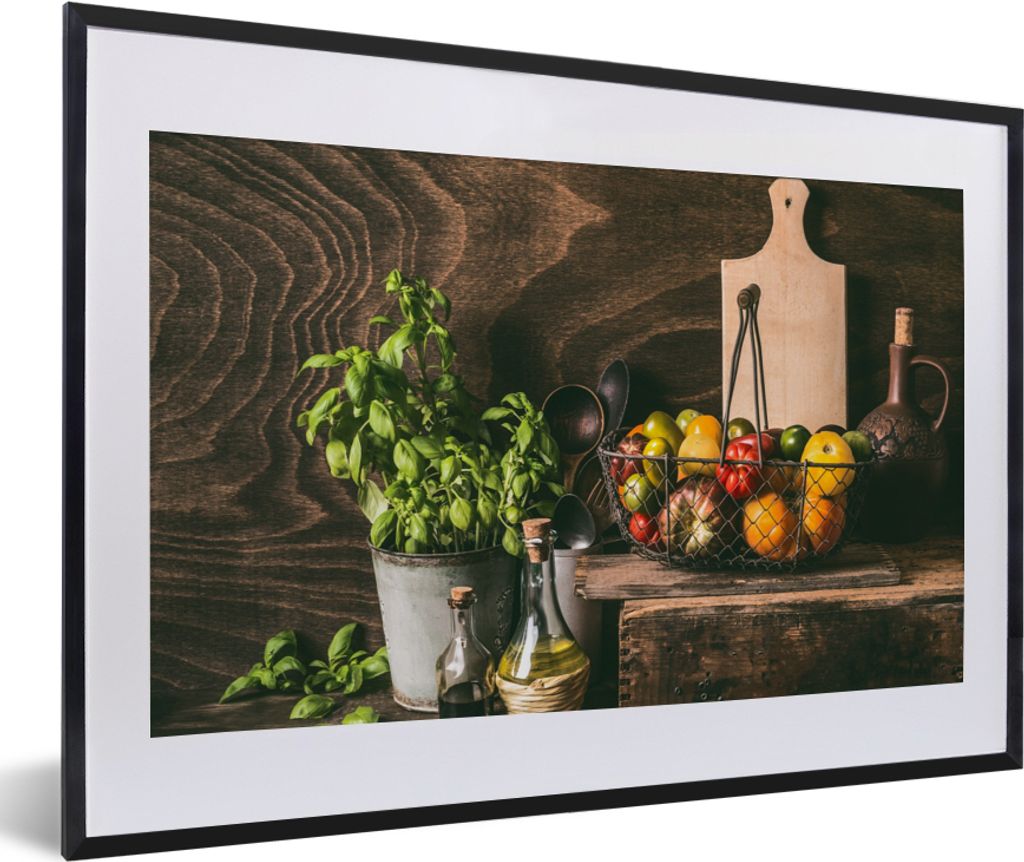 MuchoWow Gerahmtes Poster Gemüse - Kräuter - Rustikal - Stilleben - Basilikum 60x40 cm - Poster mit Schwarzem Bilderrahmen Wandposter Rahmen Fo...