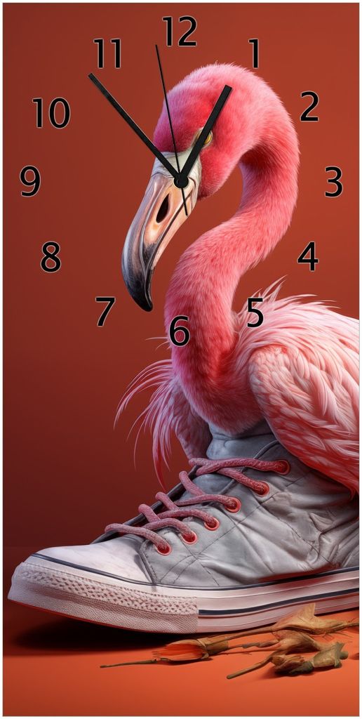 Wallario Design Wanduhr bedruckt, Größe 30 x 60 cm, Motiv: Flamingo im Sneaker