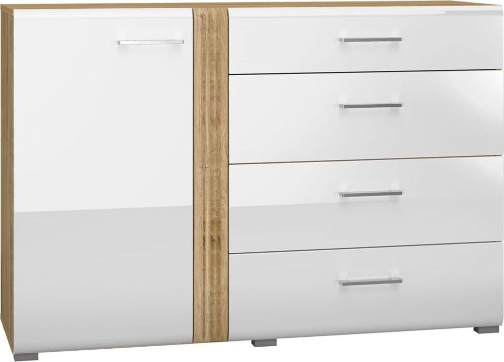Moderne Wohnzimmer Kommode in Eiche Castello Nb. mit weiß Hochglanz AKRON-131 MDF Front mit edler Fräsung, B/H/T: ca. 134/90/42 cm