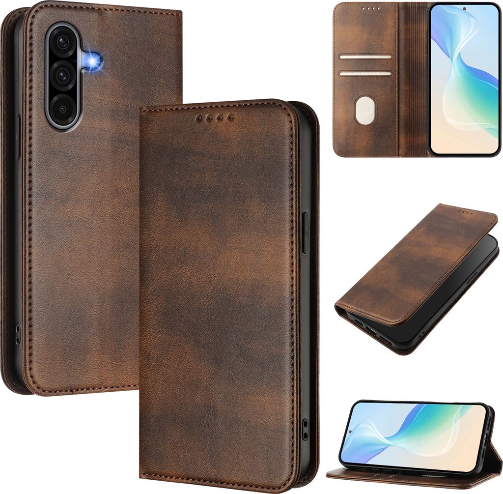 Handyhülle für Samsung Galaxy A56 5G, Vintage Leder RFID Schutz Kartenfach Standfunktion Magnetische Klapphülle Braun