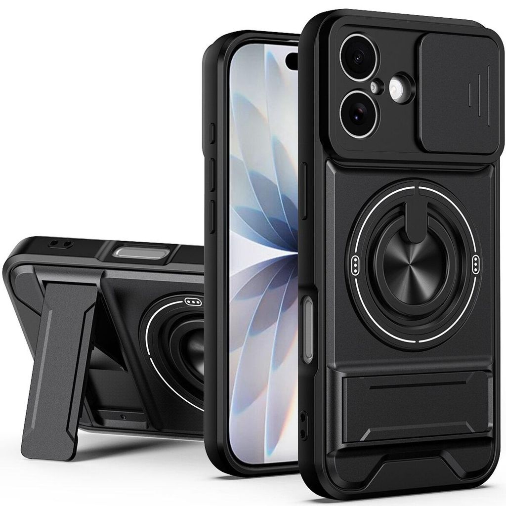 Magnetisch Hülle für iPhone 17 Militär Stoßfest Hülle mit Dia Kameraschutz und Ringhalter Ständer Schwarz
