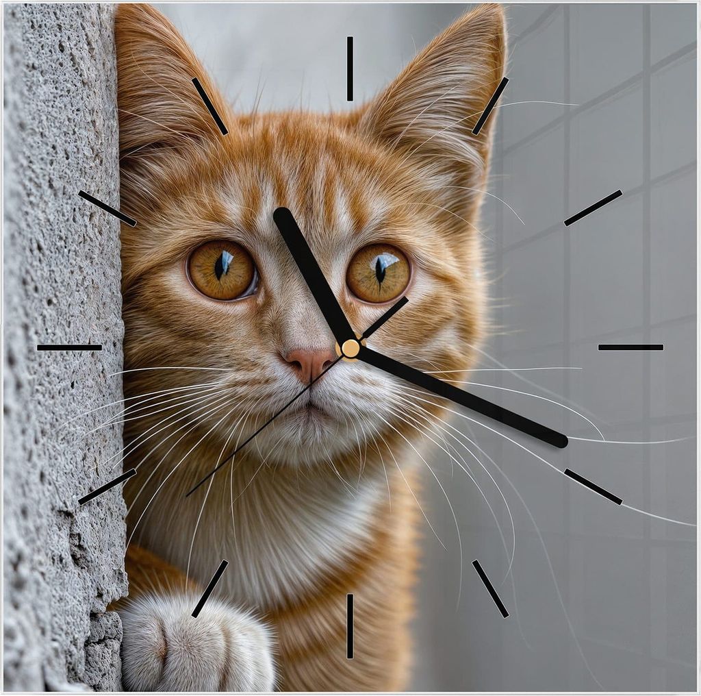 Wanduhr aus Glas mit Motiv Neugierige Katze- 30 x 30 cm - inkl. Aufhängesystem