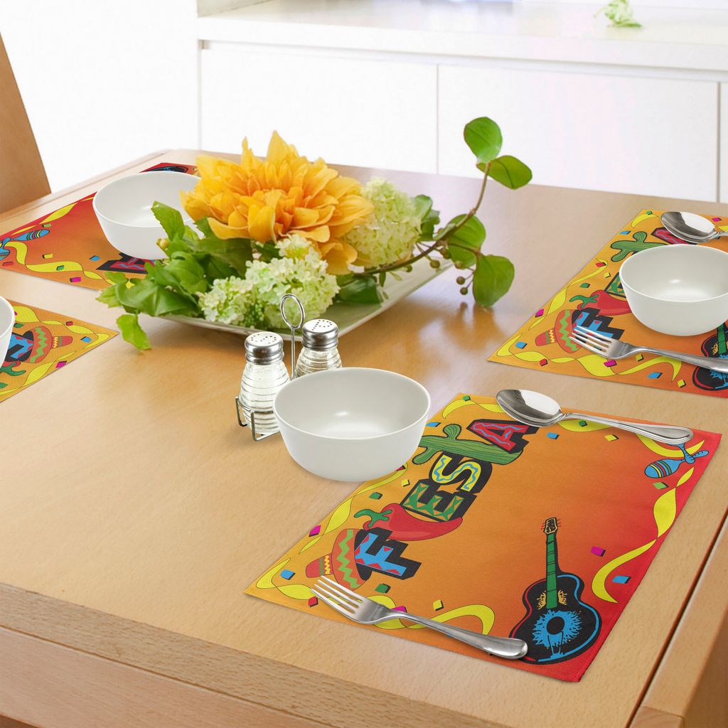 ABAKUHAUS Party Platzmatten, Latino-Muster mit Swirled Stripe Frame mit Musikinstrumenten Confetti Design, Tiscjdeco aus Farbfesten Stoff für das ...