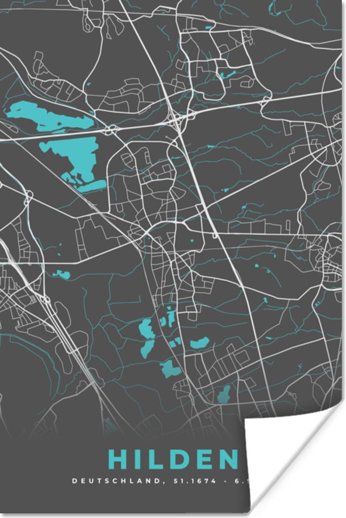 MuchoWow Poster Blau - Deutschland - Karte - Stadtplan - Hilden 60x90 cm - Wanddekoration