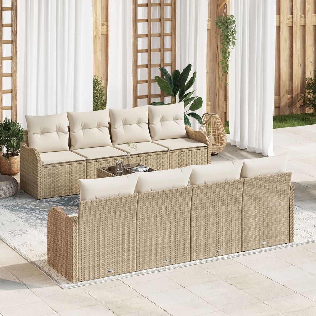 Möbel 9-teiliges Garten-Sofa-Set mit Kissen Beige Poly Rattan, 2-Sitzer Garten-Sofa mit Stauraum & Kissen Beige Poly Rattan - Gartensofas 3354300