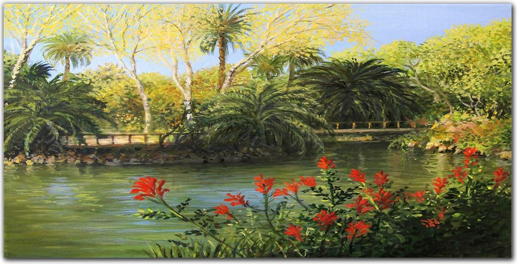 Coloray Küchenrückwand 100x50 Spritzschutz aus Glas - Wald-Fluss-Brücke