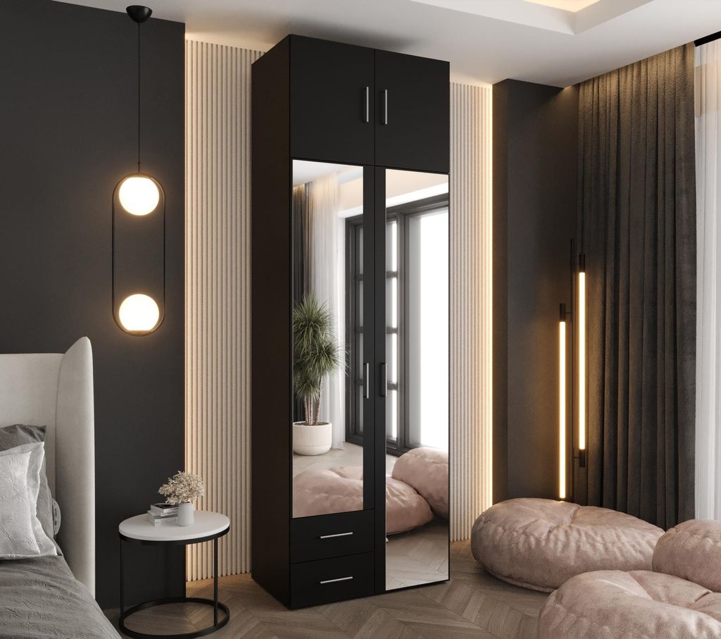 Drehtürenschrank 242x80x48 cm Schwarz mit 2 Spiegeln, Produktbild 
