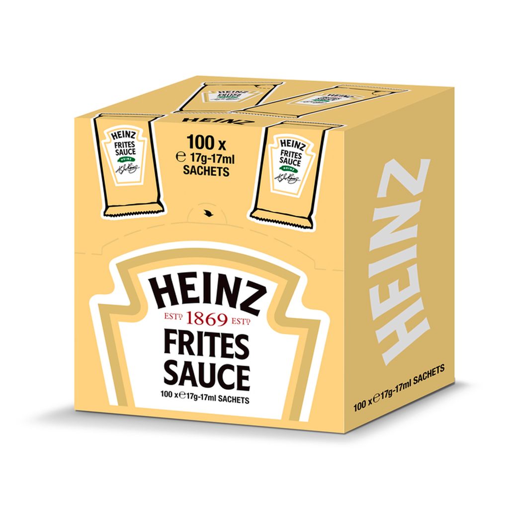 A cardboard box containing multiple sachets of Heinz Frites Sauce.