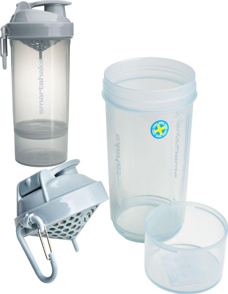 A collage of a disassembled Smartshake Original2Go One (800ml) in Mist Gray, showing the main bottle, the lid with a shaker mechanism, and a separate storage compartment.