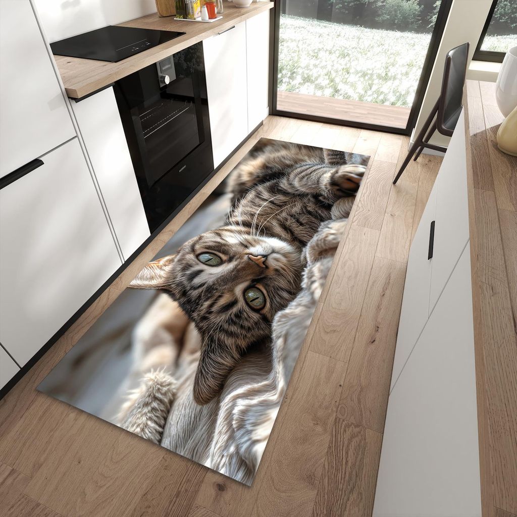 Küchenteppich 90x240cm rutschfest & abwischbar PVC Läufer - Gemütliche Katze