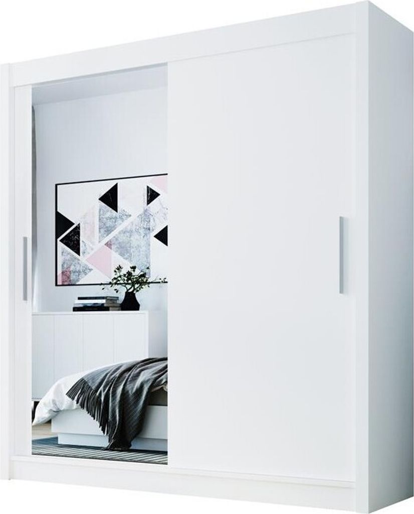 Easy4You D1 180 cm Weiß Schiebetüren Kleiderschrank 180x215x58 cm mit Spiegel - Schlafzimmermöbel, Aufbewahrung - Mehrzweckschrank
