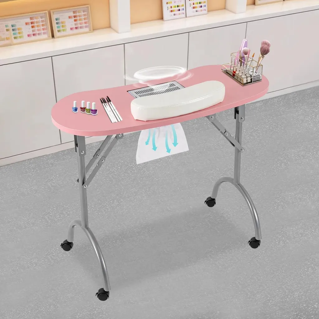 Table de manucure pour domicile rose avec aspiration et structure pliable